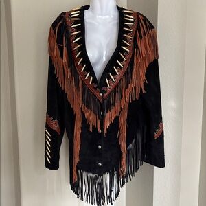 Leather Western Fringe Jacket - Black and Brown